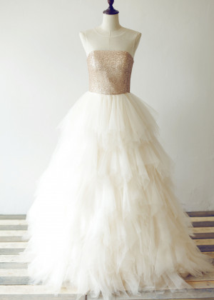 Sheer Neck Champagne Sequin Ruffled Tulle Long Prom Dress